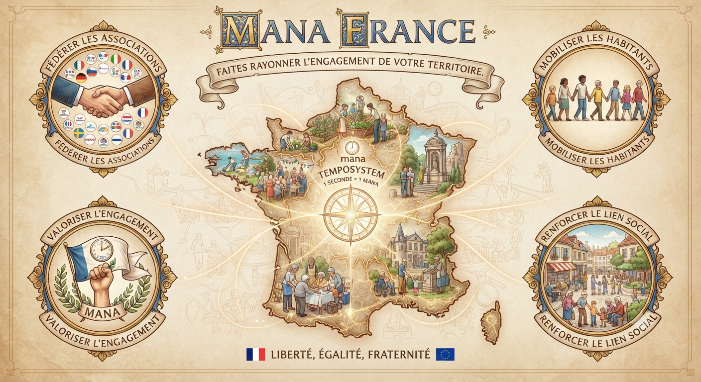 Carte illustrée de MANA France : fédérer les associations, mobiliser les habitants, valoriser l'engagement, renforcer le lien social — Liberté, Égalité, Fraternité.